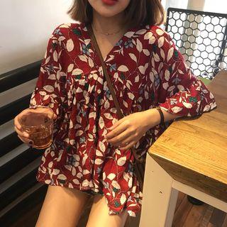 Printed Lace-up Back Elbow-sleeve Top