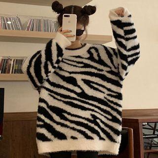 Zebra Print Fluffy Sweater Black & White - One Size