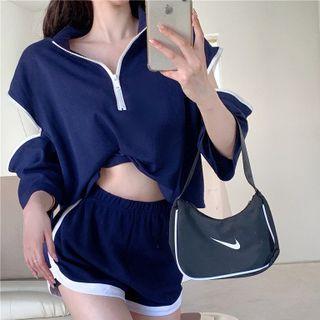 Elbow-sleeve Zip-accent T-shirt / Sweatshorts