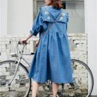 Elbow-sleeve Embroidered Frill Trim Midi Denim Dress Blue - One Size