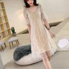 Set: Short-sleeve A-line Lace Dress + Slipdress Almond - 4xl
