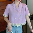 Short-sleeve Double-breasted Blouse Purple - One Size