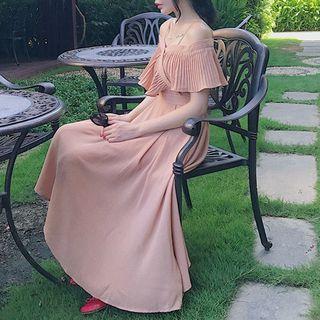 Pleated Trim Off Shoulder Short Sleeve Midi Dress