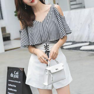 Set: Plaid Cold-shoulder Elbow-sleeve Blouse + Lace-up Wide-leg Shorts