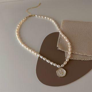 Flower Glaze Pendant Freshwater Pearl Choker 1pc - Gold & White - One Size