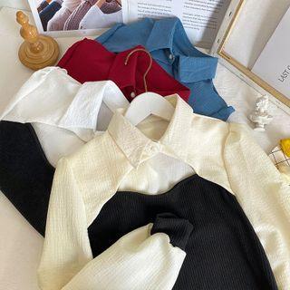 Colorblock Puff-sleeve Cutout Shirt