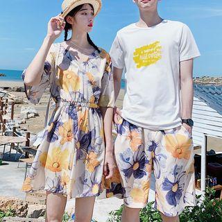 Couple Matching Set: Elbow-sleeve Floral Print A-line Dress + Shorts + Lettering Short-sleeve T-shirt