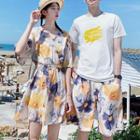 Couple Matching Set: Elbow-sleeve Floral Print A-line Dress + Shorts + Lettering Short-sleeve T-shirt