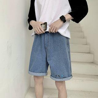 Printed Denim Wide-leg Shorts