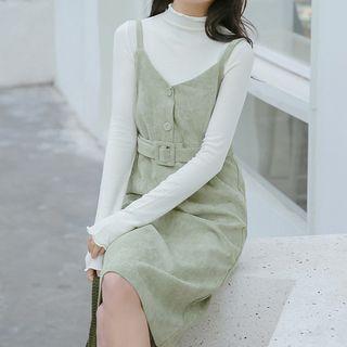 Faux Suede Pinafore Dress With Belt
