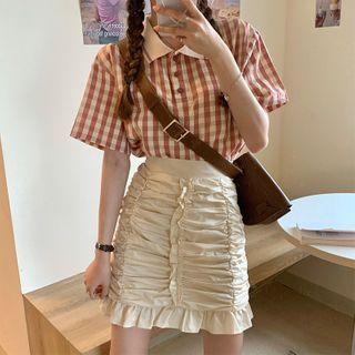 Short-sleeve Plaid Polo Shirt / High-waist Ruffled A-line Skirt
