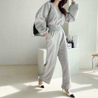 V-neck Crop Sweatshirt & Sweatpants Set