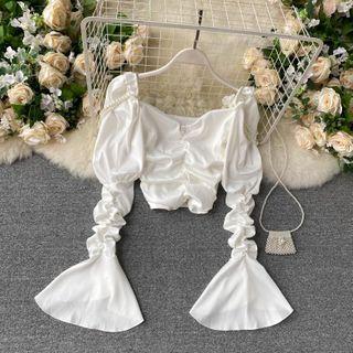 Bell-sleeve Faux Pearl Crop Top