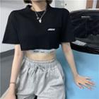 Short-sleeve Lettering Cropped T-shirt / High-waist Distressed Pants