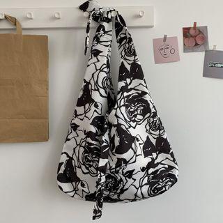 Rose Print Tie-strap Shopper Bag Black Rose - White - One Size