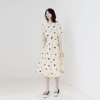 Floral Print Elbow-sleeve Midi A-line Dress As Shown In Figure - One Size
