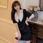 Elbow-sleeve Wide-collar A-line Mini Dress Black - One Size