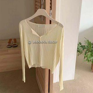 V-neck Plain Striped Button-up Knit Top Beige - One Size