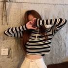 Long-sleeve Half-zip Striped T-shirt As Shown In Figure - One Size