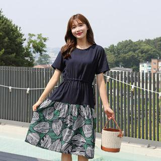 Crew-neck Drawstring-waist Pattern-hem Dress