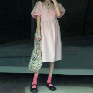 Puff-sleeve Plain A-line Dress Pink - One Size
