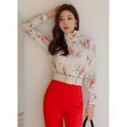 Scarf-neck Pleated Floral Blouse