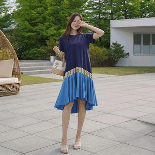 Patterned-trim Ruffle-hem T-shirt Dress