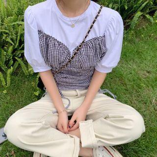 Mock Two-piece Drawstring Plaid Top