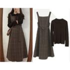 Long-sleeve Polo Knit Top / Plaid Pinafore Dress / Set