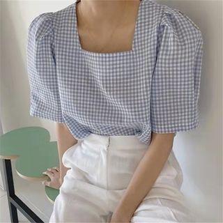 Elbow-sleeve Square Neck Gingham Blouse