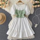 Set: Short-sleeve Plain A-line Dress + Floral Camisole Top