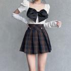 Short-sleeve Knit Top / Arm Sleeve / Plaid Pleated Skirt / Set