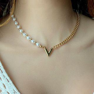 Faux Pearl Lettering Necklace 20200 - Gold - One Size