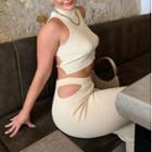 Set: Cutout-back Crop Tank Top + High-waist Straight Leg Pants