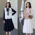 Buttoned Knit Vest / A-line Midi Chiffon Dress