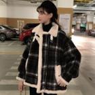 Stand-collar Faux Shearling Plaid Coat