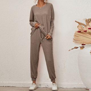 Set: Plain Long-sleeve Top + Drawstring Sweatpants