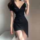 Short Sleeve V-neck Plain High-low Mini Wrap Dress