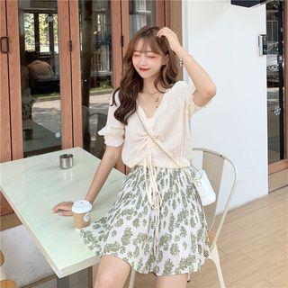 Elbow-sleeve Chiffon Top / Mini Skirt
