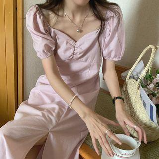 Puff-sleeve Side-slit Midi Smock Dress