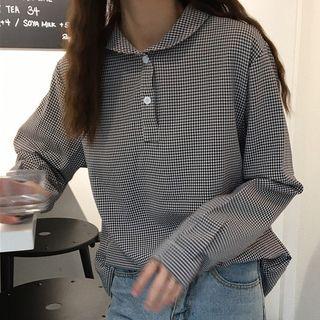 Plaid Peter Pan Collar Blouse Plaid - Black - One Size