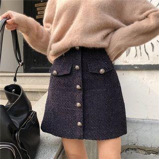 Buttoned A-line Tweed Skirt