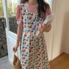 Puff-sleeve T-shirt / Floral Print Midi Overall Dress