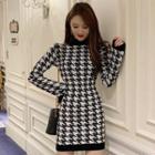 Long-sleeve Houndstooth Knit Mini Bodycon Dress Black - One Size