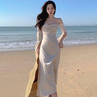 Cold-shoulder Slit Satin Midi Sheath Dress