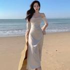 Cold-shoulder Slit Satin Midi Sheath Dress