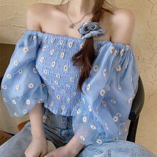 Puff-sleeve Floral Embroidery Blouse Floral - Blue - One Size