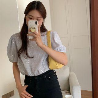 Puff-sleeve Sequined Blouse Blue - One Size
