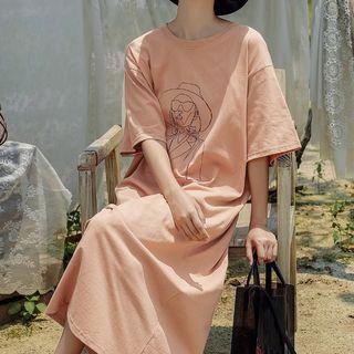 Cartoon Print Elbow-sleeve Midi T-shirt Dress As Shown In Figure - One Size