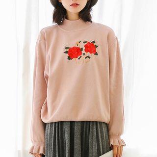 Rose Embroidered Mock Neck Sweater